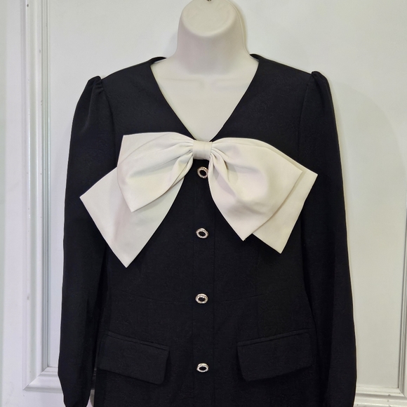 Magic Boutique Black/Cream Front Button Dress w/Trim Bow at Chest,Medium,NWT - Picture 8 of 16